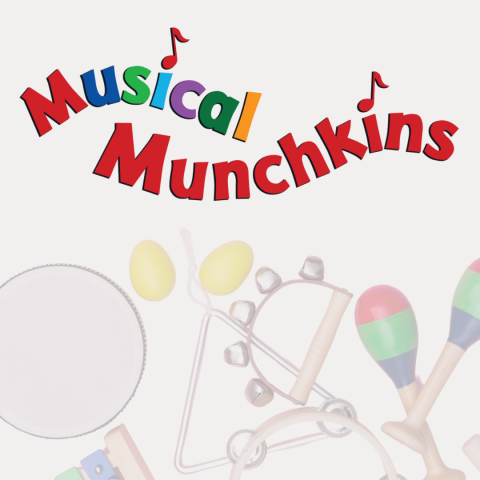 Graphic for Musical Munchkins with logo and faded background image of kid's percussion instruments.