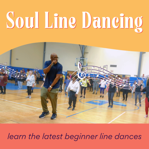 Graphic for Soul Line Dancing subtitled "learn the latest beginner line dances" with an image of Steve "Fun Bunch" Dillard teaching a class.